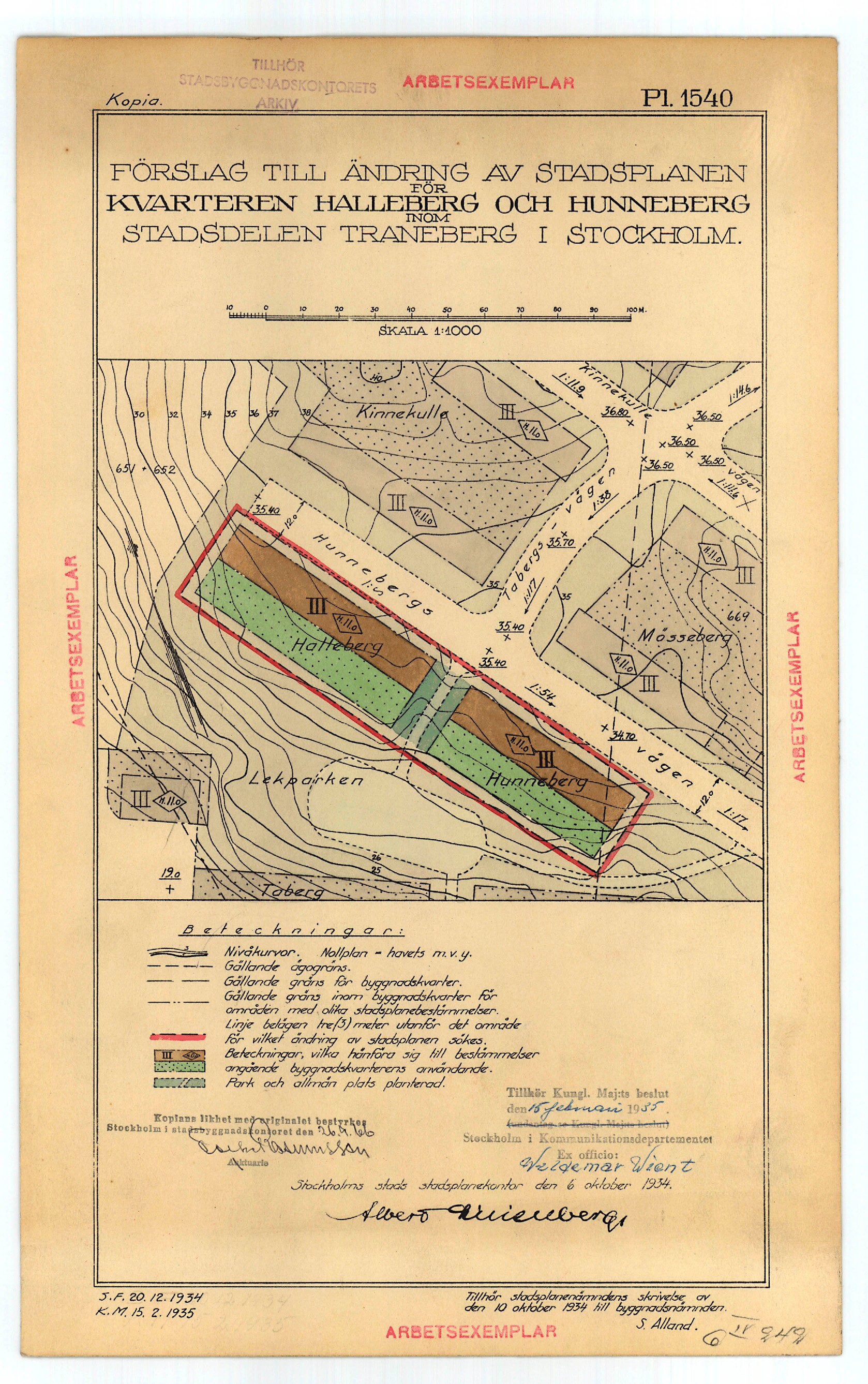 City plan for the Halleberg and Hunneberg blocks, Traneberg 1934