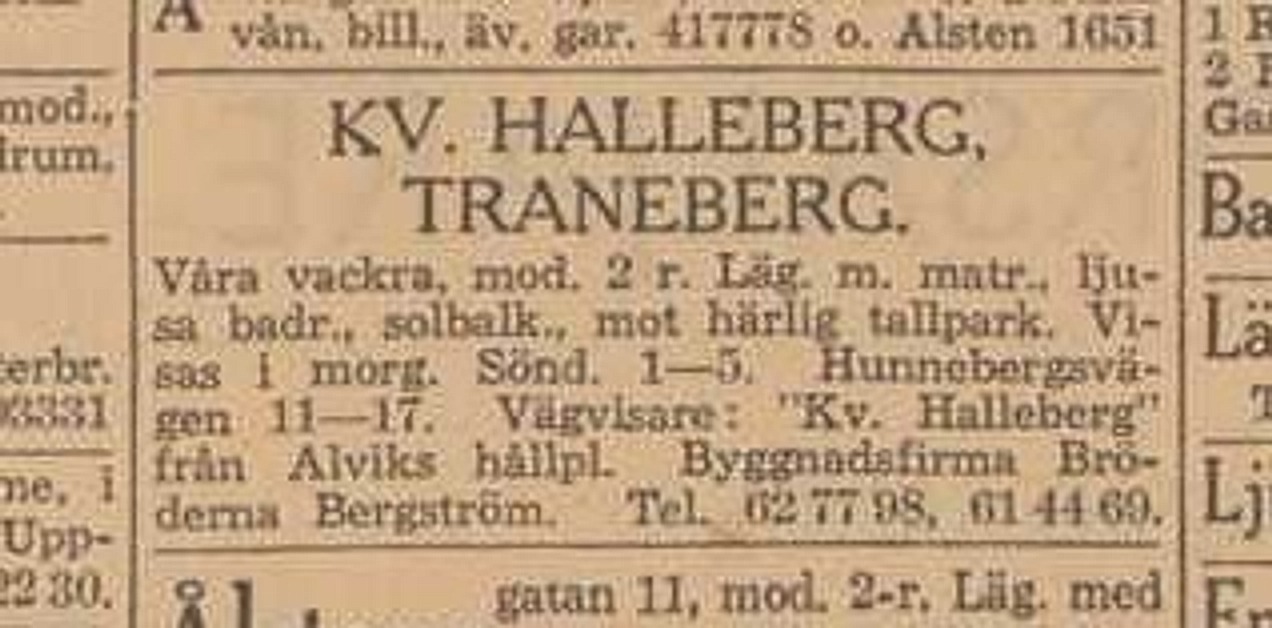 Advertisement in Dagens Nyheter: Halleberg block, Traneberg - Beautiful, modern 2-room apartments